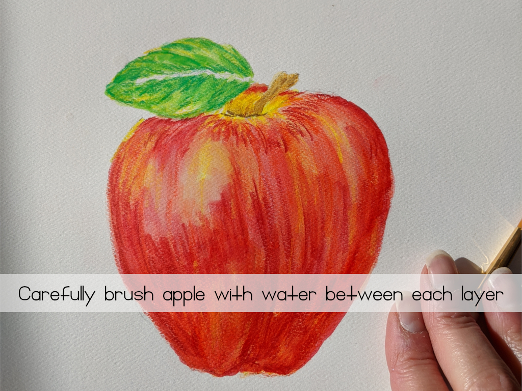 Add water to watercolor pencil apple - Amarie Lange Studio