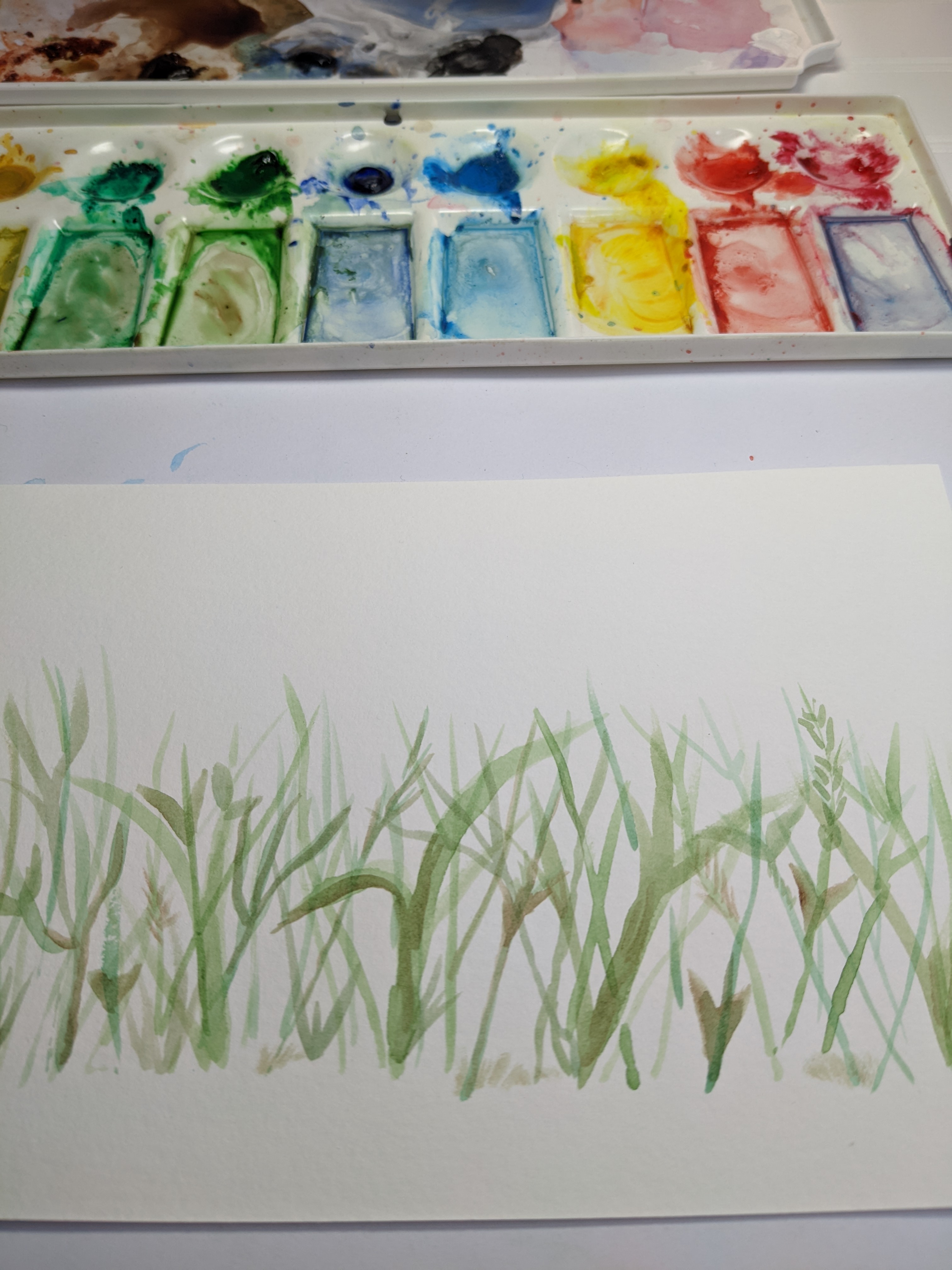 1st stage of abstract watercolour garden painting - green stems