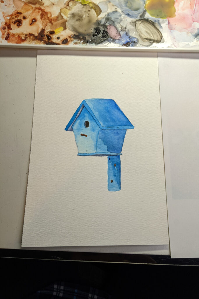blue watercolor birdhouse