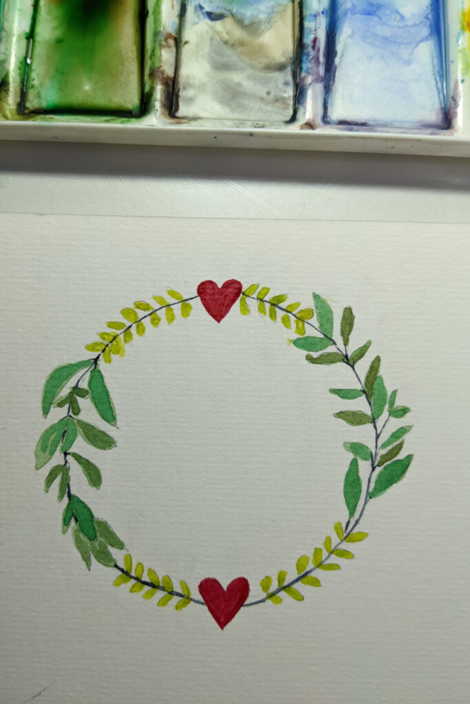 Watercolor Wreath with Hearts & Leaves