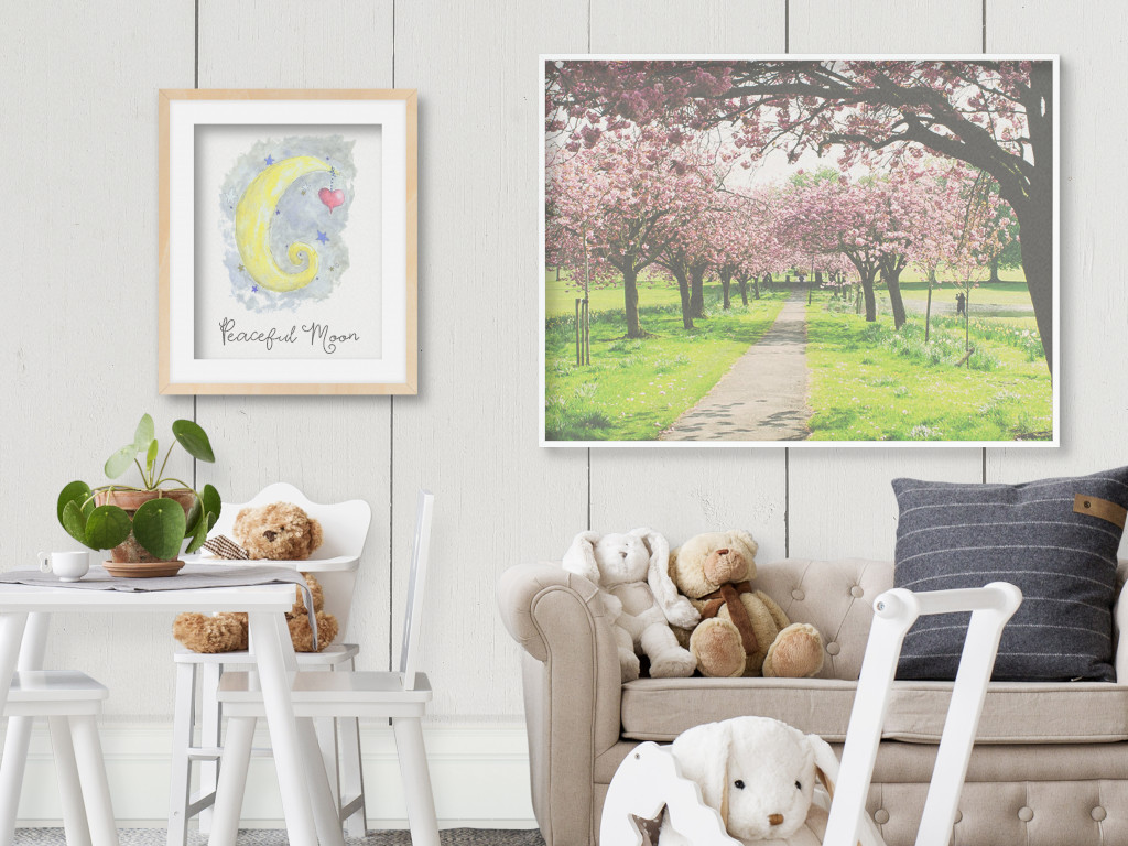 Nursery with spring trees in the window and moon wall art